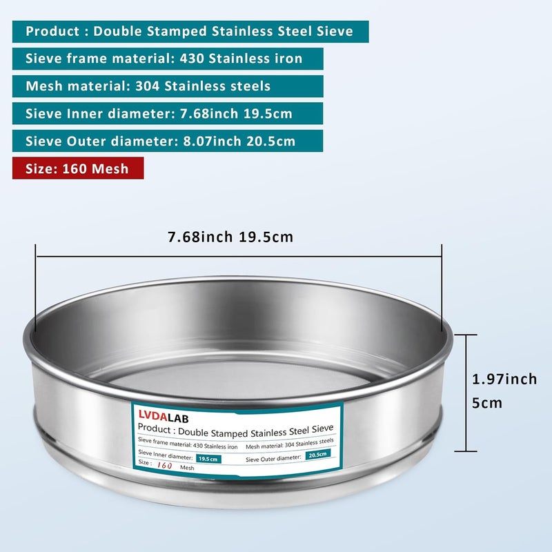 LVDALAB 304 Stainless Steel Mesh Lab Sieve, 160 Mesh (0.097mm) Aperture Test Sieve, 7.9Inch(20cm) Diameter Economy Standard Analysis Sample Test Sieves for Industrial Laboratory Homes - Image 2